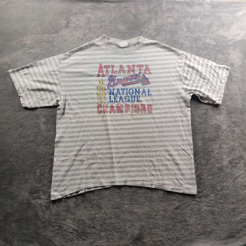 VINTAGE Atlanta Braves Shirt Adult Mens XL Gray White Striped Short Sleeve MLB